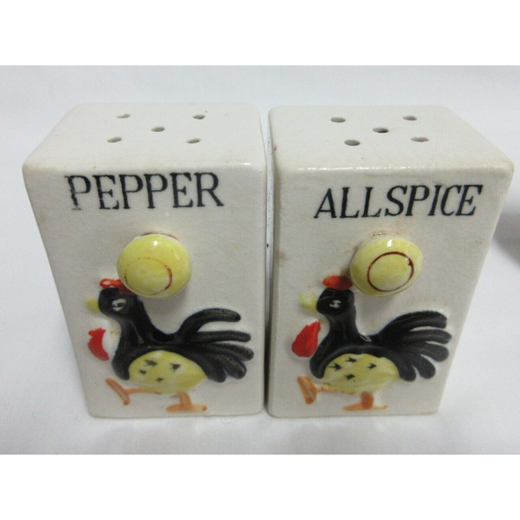 Vintage Spice Rack Ceramic Rooster 6 Jar Set Wood Wall Japan 1950s 7.5" x 7" - Picture 6 of 14